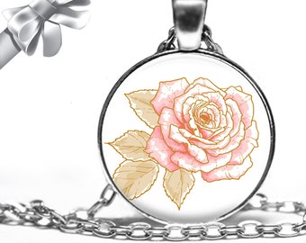 Simple Pink Rose Necklace Pendant - Choose Size