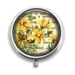 Pill Box, Yellow Vintage Flowers Handwriting, Pill Holder Pill Container Trinket Box PillBox Vitamin Medicine Box, Mint Tin, Gifts For Her