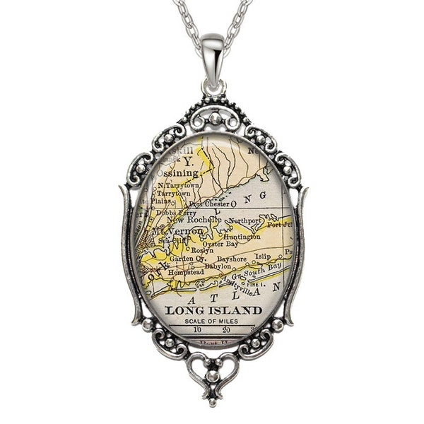 Map Pendant Long Island New York Oval Filigree Pendant NY Necklace Art Pendant Photo Pendant Graphic Pendant