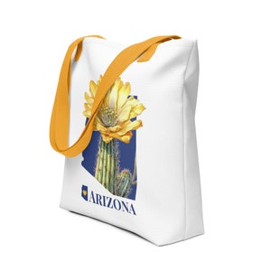 Bolsa de mano pequeña del estado de Arizona con flor del estado, flor de cactus saguaro, regalos de mapa de AZ, bolsas de arte
