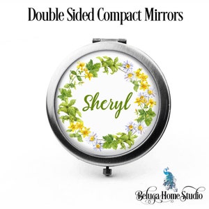 Personalized Compact Mirror Yellow White Meadow Flowers Floral Wreath Bridesmaid Gifts Cosmetic Mirror Custom Favors - The Sheryl