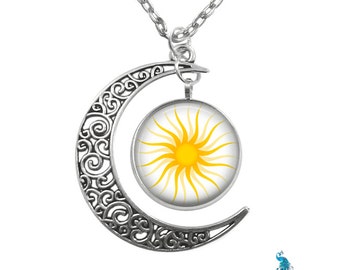 Sun and Moon Pendant Filigree Crescent Moon Antique Silver Necklace