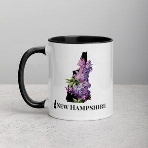 New Hampshire Mug, Color Inside, NH State Flower, Purple Lilacs, Coffee Cup, Drinkware, Art Mug, NH Map Gift, Personalization Available
