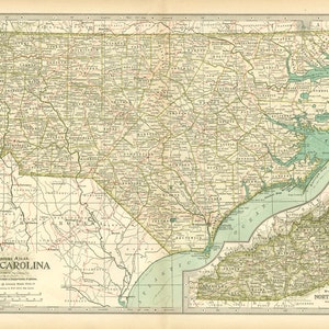 May include: A vintage map of North Carolina, showing the state's counties and major cities. The map is printed in shades of green, brown, and blue, with a light blue border. The map is titled "The Century Atlas, North Carolina".