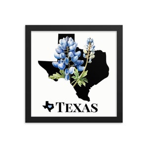 Texas Art Print, State Flower, Bluebonnets, Framed Print, TX Map Gifts, Map Print, Home Decor, Wall Art, Wedding Gifts, Real Estate Gifts