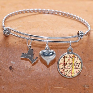 Custom Map Charm Bracelet Poughkeepsie State of NY Bangle Cuff Bracelet Vintage Map Jewelry Stainless Steel Bracelet