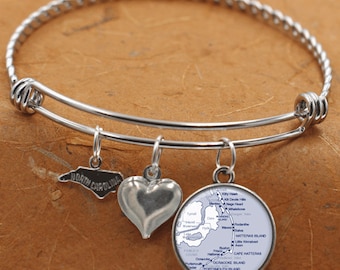Outer Banks OBX North Carolina Map NC State Charm Bangle Bracelet Personalized Custom Vintage Map Jewelry Stainless Steel Charm Bracelet