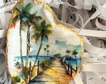 Handmade Oyster Shell Trinket Dish, Ring Dish, Beach & Coastal Decor, Palm Trees by Pier, Tropical Beach Scene