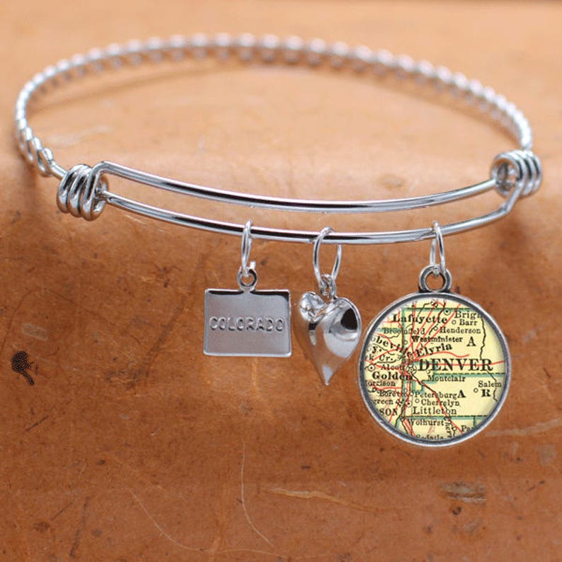 Custom Map Charm Bracelet Denver Colorado State of CO Bangle Cuff Bracelet Vintage Map Jewelry Stainless Steel Bracelet