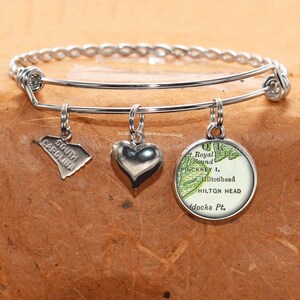 South Carolina Map Bracelet / Hilton Head SC / Custom Map Charm Bracelet / Vintage Map Jewelry / Map Gifts /  Bridesmaid Birthday Graduation