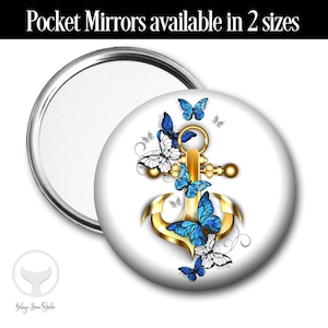 Butterfly on Anchor Mirror, Gold Teal Blue, Butterflies, Holiday Gift, Choose Pocket Mirror, Purse Hook or Compact Mirror