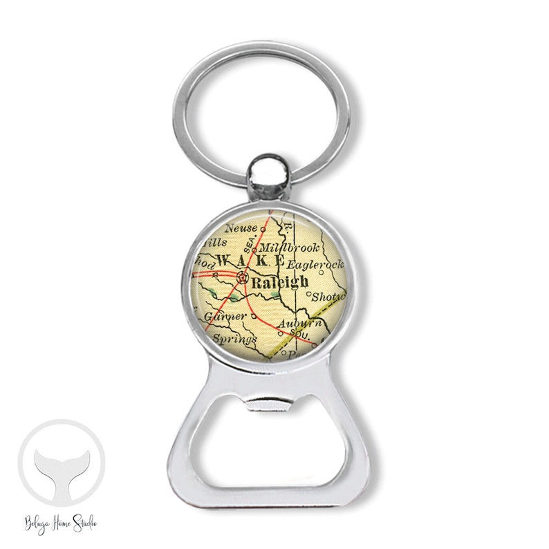 North Carolina Custom Map Bottle Opener KEYCHAIN / Raleigh NC / Choose Your City / Custom Map Gifts Men Dad Graduation Groomsmen Friends image 1