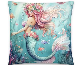 Meerjungfrau mit rosa Haar im Meer Dekokissen, Sofa, Stuhl Akzent, Home Decor, inklusive Einsatz, nautisch, küstennah