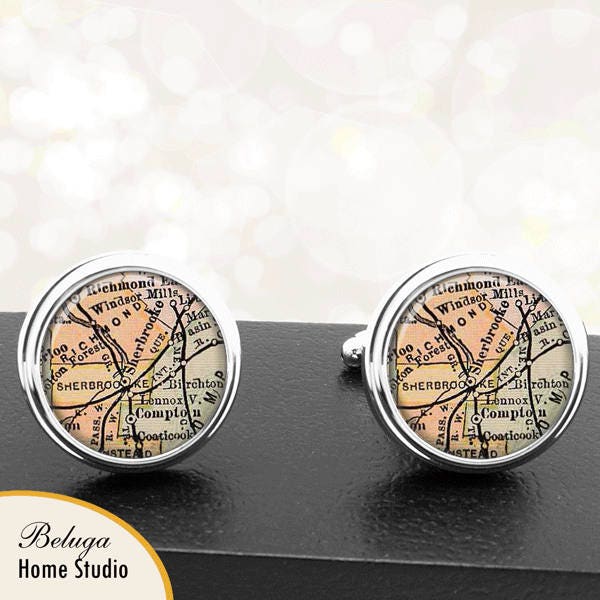 Map Cufflinks Sherbrooke Compton Canada Province of Quebec Handmade Cuff Links Canadian City Maps Groomsmen Wedding Party Fathers Dads Men