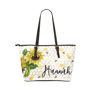 Personalized Leather Tote Bag, Sunflowers and Bees, Shoulder Bag, Work Bag, Handbag, Fashion, Bridesmaid Gifts, Purse, PU Leather
