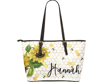 Personalized Leather Tote Bag, Sunflowers and Bees, Shoulder Bag, Work Bag, Handbag, Fashion, Bridesmaid Gifts, Purse, PU Leather