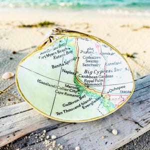 Może przedstawiać: Ozdobna muszla w kształcie miseczki z naniesioną mapą wybrzeża Florydy, obejmującą takie miejsca jak Naples, Bonita Springs i Everglades. Muszla ma gładkie, zakrzywione wnętrze ze złotym obrzeżem i czarnymi napisami.