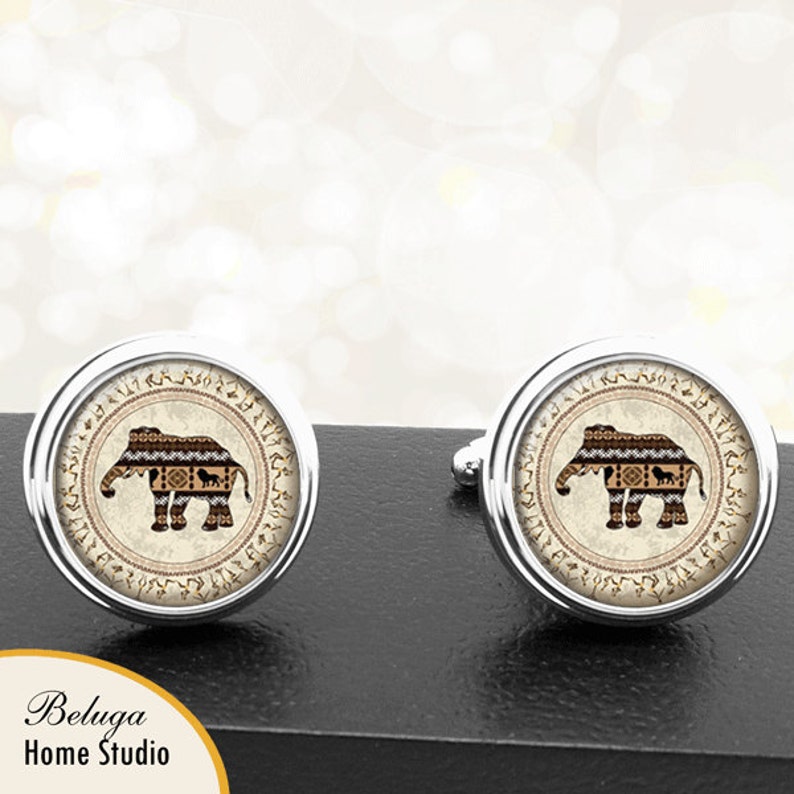 Elephant Cufflinks African Pattern Handmade Cuff Links image 1