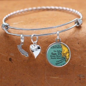 Pulsera de mapa de California / San Diego CA / pulsera de encanto / Vintage Mapa joyería / dama de honor cumpleaños graduación regalos para su