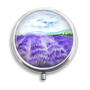 Pill Box, Lavender Fields Watercolor Style, Pill Holder Pill Container Trinket Box PillBox Vitamin Medicine Box, Mint Tin, Gifts For Her