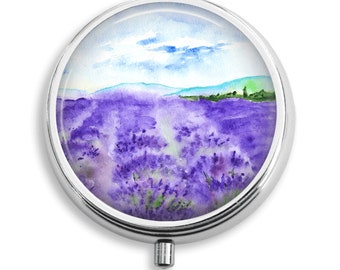 Pill Box, Lavender Fields Watercolor Style, Pill Holder Pill Container Trinket Box PillBox Vitamin Medicine Box, Mint Tin, Gifts For Her