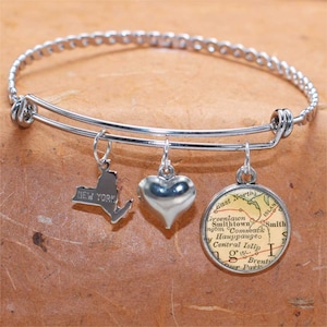 New York Map Bracelet / Commack NY / Long Island Suffolk County / Vintage Map Charm Bracelet / Custom Map Jewelry Gifts For Her
