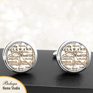 Cufflink Muncie IN handgemaakte Cuff Links stadstaat kaarten Indiana Groomsmen bruiloft partij vaders vaders mannen