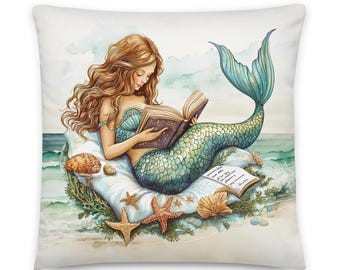 Meerjungfrau-Lesebuch am Strand Wurfkissen, Sofa, Stuhlakzent, Wohnkultur, Einsatz eingeschlossen, nautisch, küstennah, Sommer Vibes