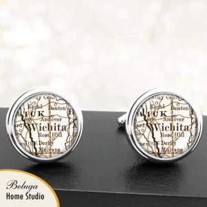 Manchetknopen Wichita, KS handgemaakte Cuff Links stadstaat kaarten Kansas Groomsmen bruiloft partij vaders vaders mannen