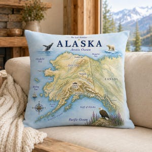Alaska Pillow, Vintage Style Map, The Last Frontier, USA State Maps, Decorative Throw Pillows, Insert Included