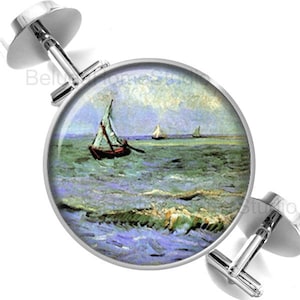 Cufflinks Van Gogh Sailboat Seascape Groomsmen Wedding Party Fathers Dads Men