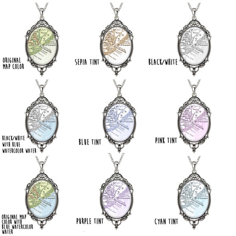 May include: Nine variations of a silver necklace with a cameo featuring a vintage map of Mount Pleasant. The cameo is surrounded by an ornate silver frame. The map is shown in original colour, sepia tint, black and white, black and white with blue watercolour water, blue tint, pink tint, purple tint, and cyan tint.