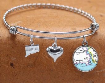 Connecticut mapa pulsera / Old Saybrook CT / pulsera de encanto / joyería de mapa vintage / damas de honor día cumpleaños cumpleaños regalos de boda