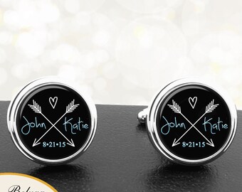 Personalized Double Arrows Wedding Cufflinks With Initials Date Background Handmade Cuff Links - Grooms Fiance Wedding Men Anniversaries