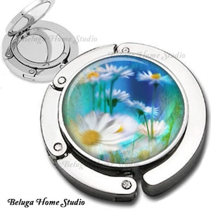 Daisies Floral Composition Foldable Purse Hook Bag Hanger With Lipstick Compact Mirror