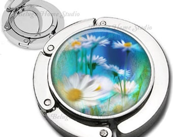 Daisies Floral Composition Foldable Purse Hook Bag Hanger With Lipstick Compact Mirror