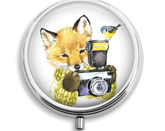 Fox With Camera and Bird Friend Pill Box Case Trinket Box Vitamin Holder Medicine Box Mint Tin Gifts For Her