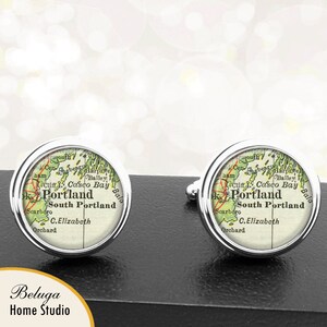 Carte Vintage boutons de manchette Portland Casco Bay ME manchette État du Maine pour les garçons d’honneur, fête de mariage fêtes des pères les papas hommes
