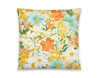 Retro Floral Vibes Pillow / Yellow Orange Blue Flowers / Home Decor / Throw Pillow / Chair Sofa Accent / Housewarming Gift / Insert Included