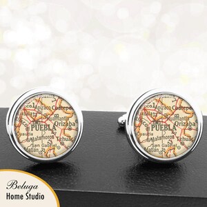 Kaart Manchetknopen Puebla Mexico handgemaakte Cuff Links Mexicaanse stad kaarten Groomsmen bruiloften vaders vaders