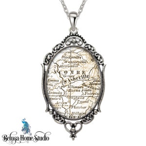 Vintage Map Pendant Oval Filigree City Town Asheville North Carolina Antique Map Necklace State of NC Map Jewelry Destination Travel