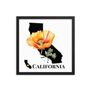 State of California Art Print With State Flower, California Poppy, Framed Print, CA Map Gifts, Home Decor, Wedding Gifts