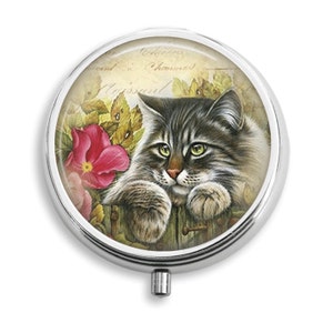 Pill Box Pill Case Cat and the Red Flower Pill Container Trinket Box Vitamin Holder Medicine Box