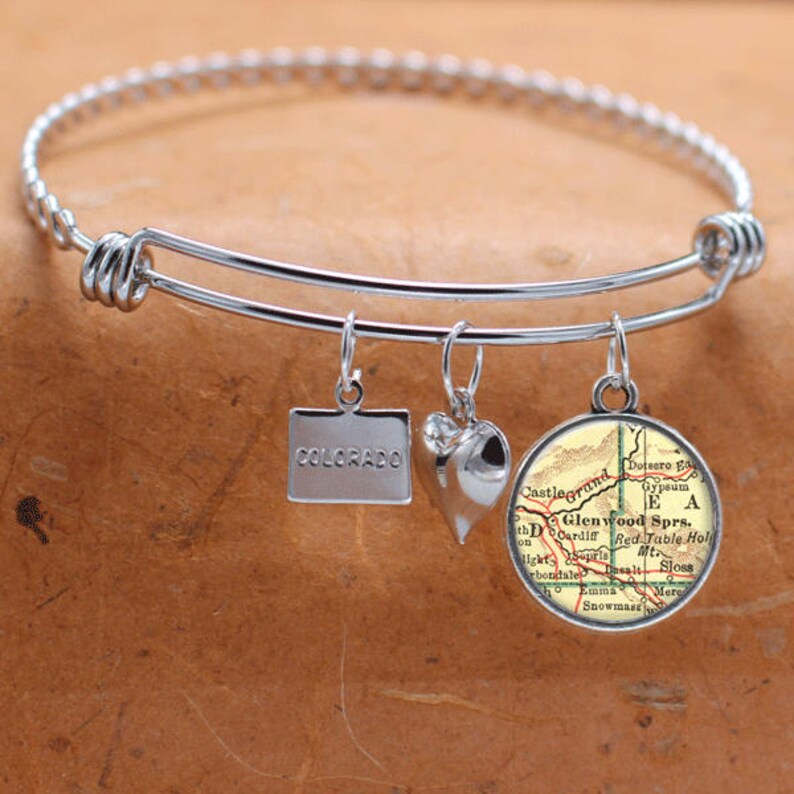 Custom Map Charm Bracelet Glenwood Springs Colorado State of CO Bangle Cuff Bracelet Vintage Map Jewelry Stainless Steel Bracelet