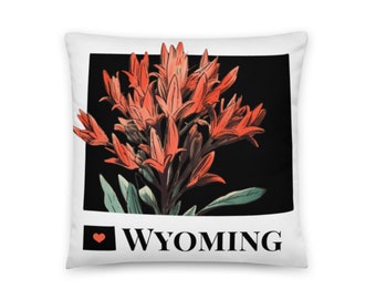 Wyoming Map Pillow, State Flower, Indian Paintbrush, WY Throw Pillow, Sofa Accent, Housewarming, Travel, Vacations, Real Estate Client Gifts