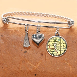 New Hampshire Map Bracelet / Sunapee, Burkehaven NH / Charm Bracelet / Vintage Map Jewelry / Map Gifts /  Bridesmaid Birthday Graduation
