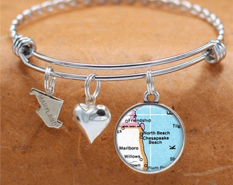 Maryland Map Bracelet / Chesapeake Beach MD / Charm Bracelet / Vintage Map Jewelry / Bridesmaid Birthday Graduation Gifts For Her