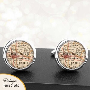 Virginia Cufflinks / Richmond VA / vintage Map Cuff Links / Map Gifts Custom City Towns States Groomsmen Wedding Graduation Fathers Dad Men