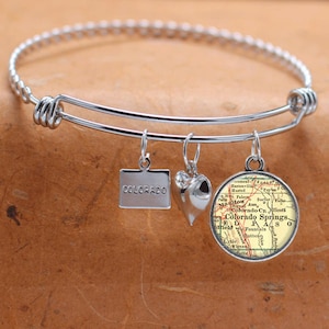 Custom Map Charm Bracelet Colorado Springs Colorado State of CO Bangle Cuff Bracelet Vintage Map Jewelry Stainless Steel Bracelet