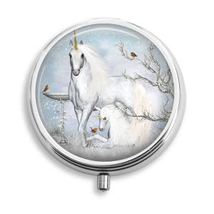 Pill Box Pill Case Blue Fantasy White Unicorns Pill Holder Pill Container Trinket Boxes  PillBox Vitamin Holder Medicine Box Mint Tin